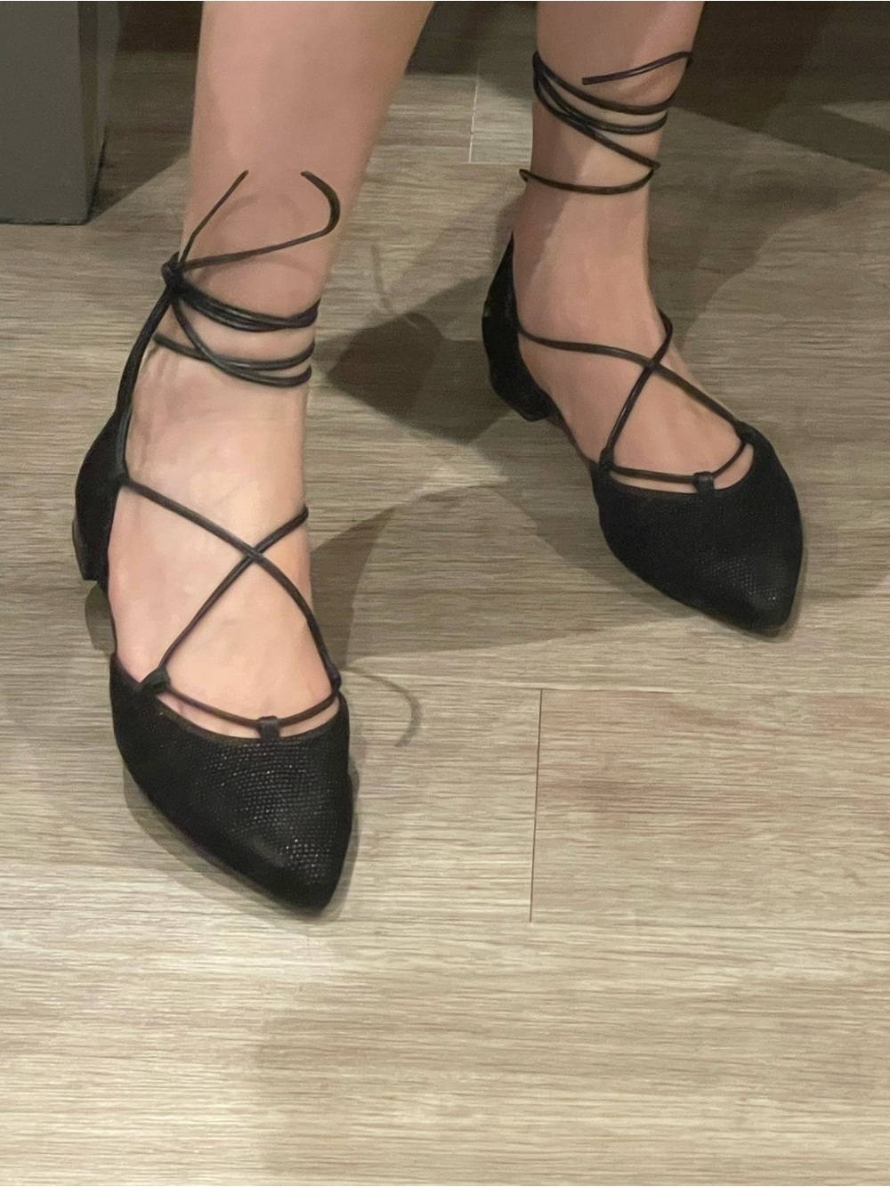 Stuart Weitzman Black Lace-Up Pointed Toe Flats – Size 5.5